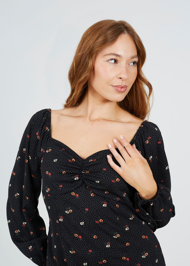 LONG SLEEVE GATHERED BUST FLORAL MIDI DRESS