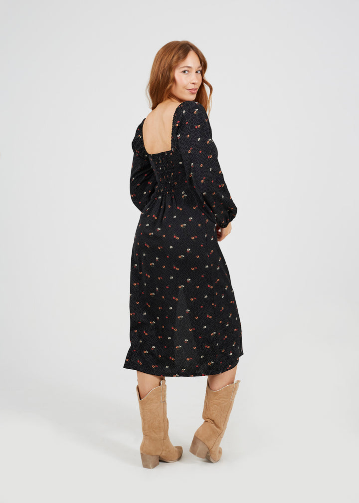 LONG SLEEVE GATHERED BUST FLORAL MIDI DRESS