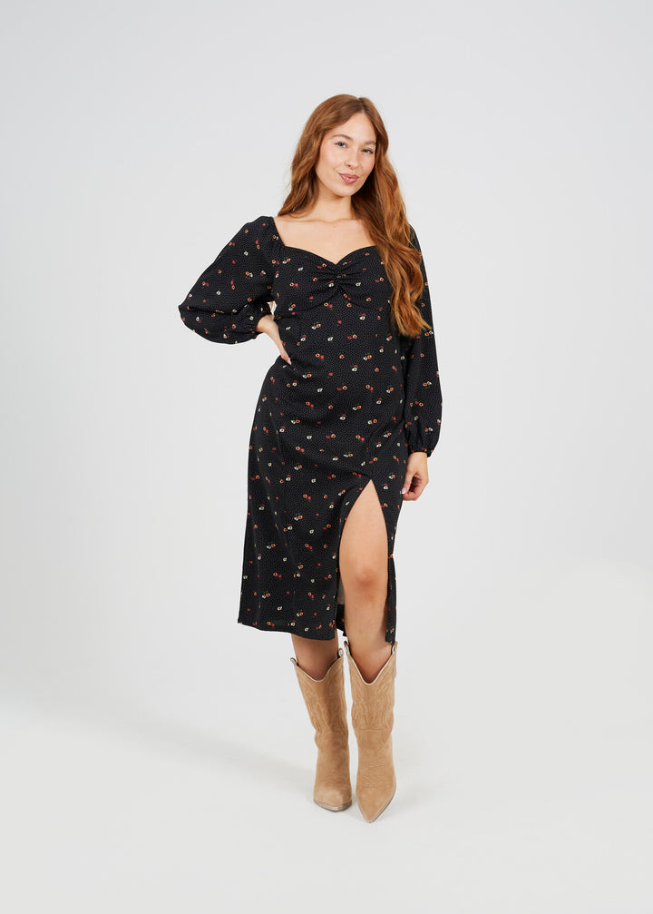 LONG SLEEVE GATHERED BUST FLORAL MIDI DRESS