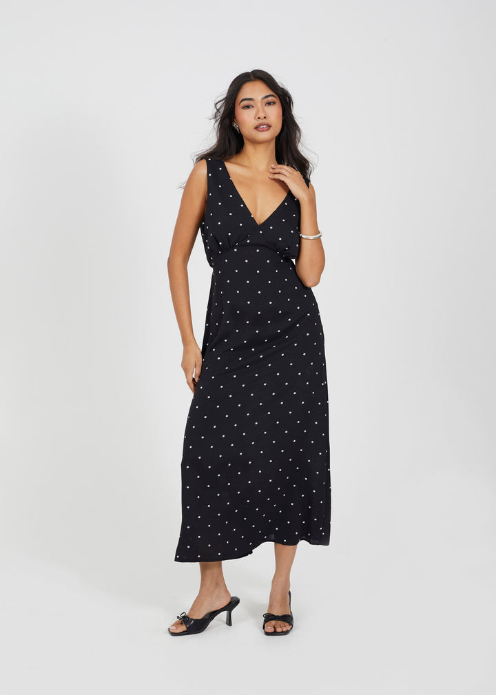 V NECK BIAS CUT  MIDI FLORAL PRINT DRESS