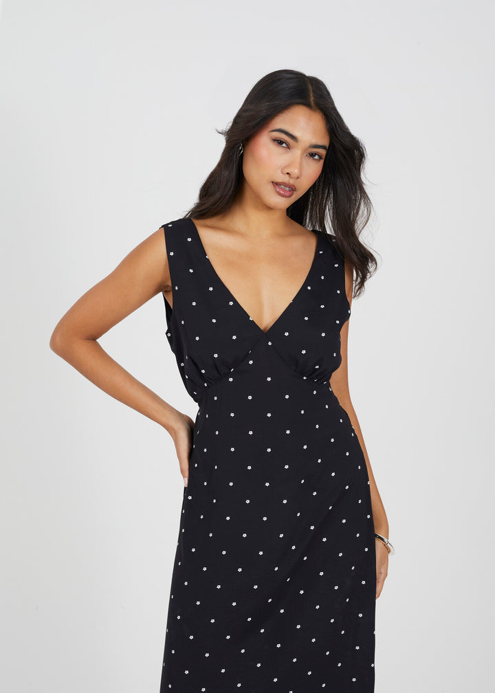 V NECK BIAS CUT  MIDI FLORAL PRINT DRESS