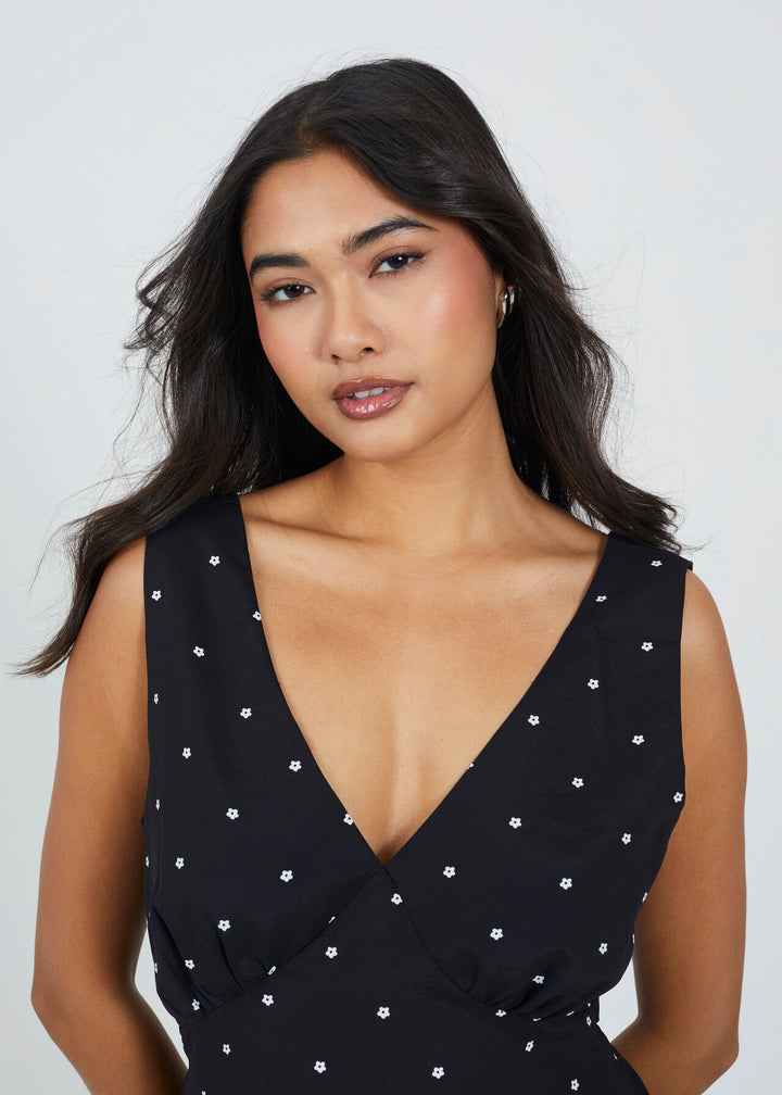V NECK BIAS CUT  MIDI FLORAL PRINT DRESS