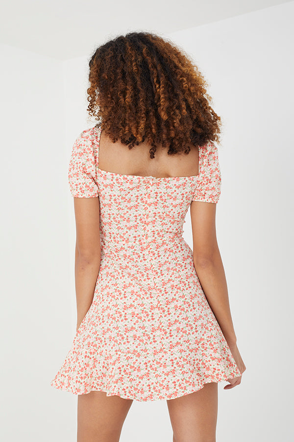 PUFF SLEEVE FLORAL MINI DRESS WITH SWEETHEART NECKLINE