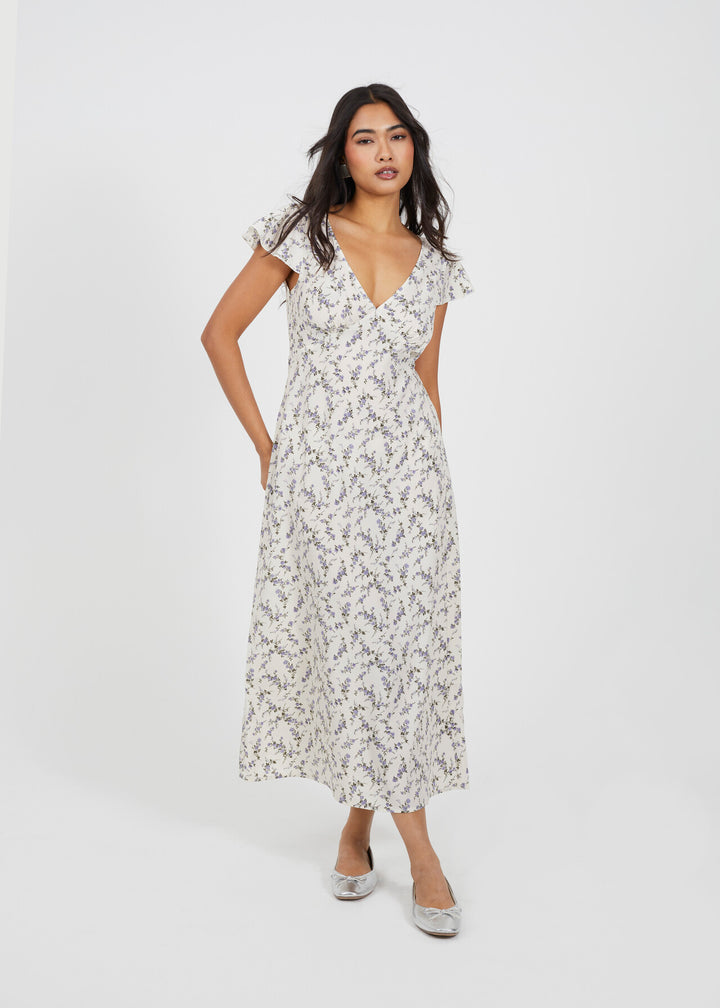 V NECK SHORT SLEEVE BLUE FLORAL PRINT MIDI DRESS