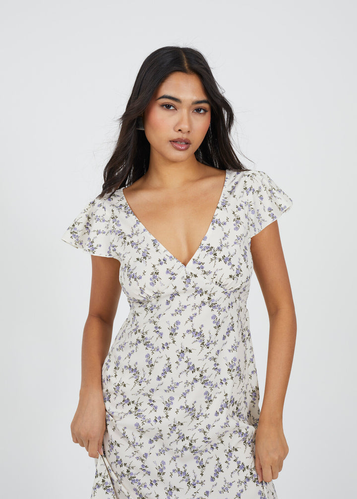 V NECK SHORT SLEEVE BLUE FLORAL PRINT MIDI DRESS