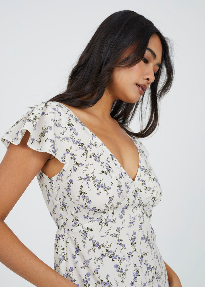 V NECK SHORT SLEEVE BLUE FLORAL PRINT MIDI DRESS