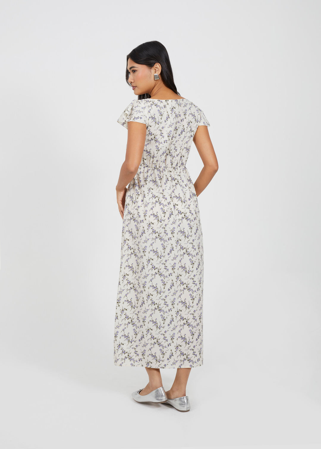 V NECK SHORT SLEEVE BLUE FLORAL PRINT MIDI DRESS