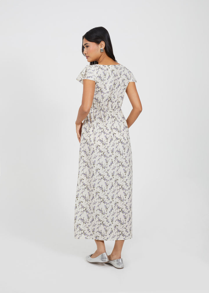V NECK SHORT SLEEVE BLUE FLORAL PRINT MIDI DRESS