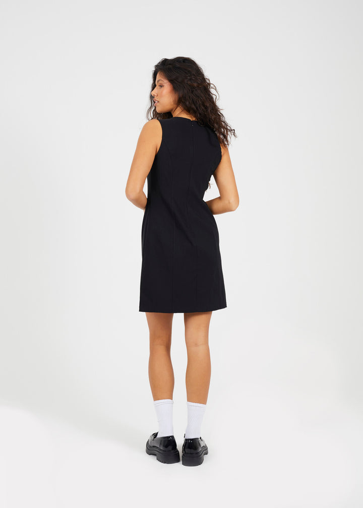 BLACK CREW NECK SLEEVELESS  MINI DRESS WITH SLIT DETAIL