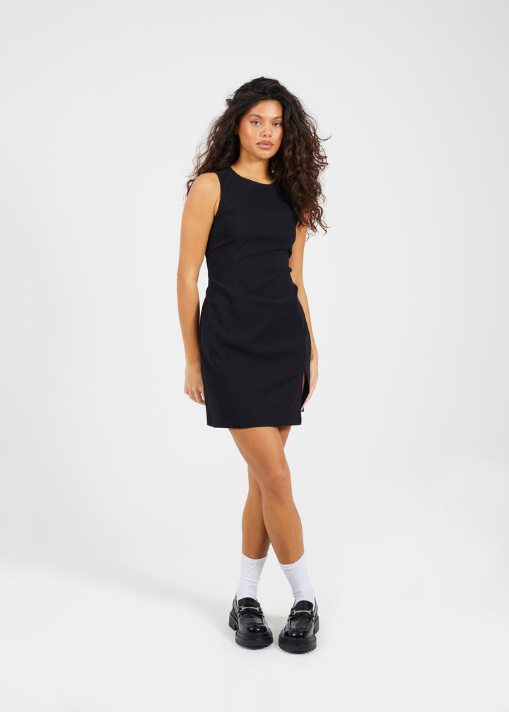 BLACK CREW NECK SLEEVELESS  MINI DRESS WITH SLIT DETAIL