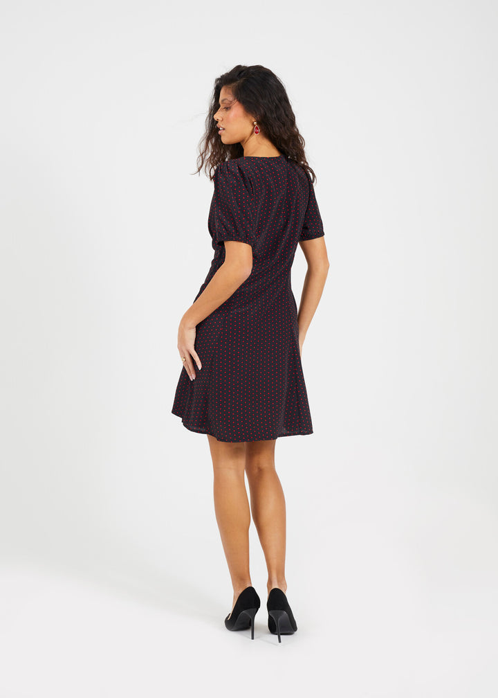 BLACK AND RED  V-NECK SHORT SLEEVE MINI PRINTED DRESS