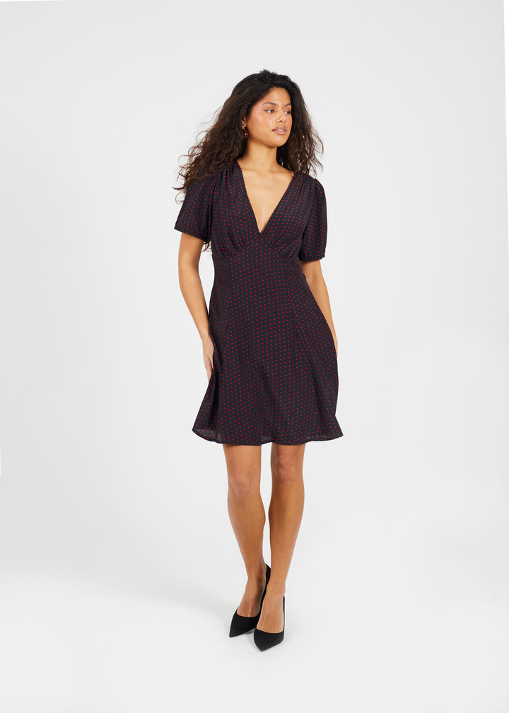 BLACK AND RED  V-NECK SHORT SLEEVE MINI PRINTED DRESS