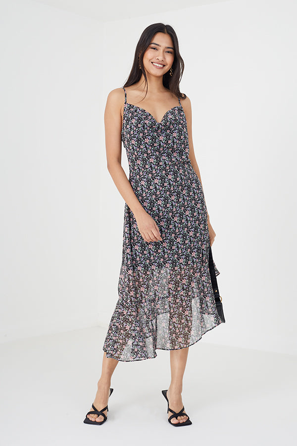 WOMENS WHOLESALE FLORAL MIDI DRESS WITH ASYMMETRIC HEM – Whispering Smith