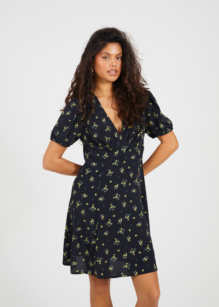 V-NECK SHORT SLEEVE MINI PRINTED DRESS