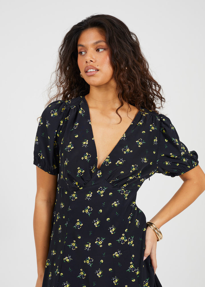 V-NECK SHORT SLEEVE MINI PRINTED DRESS
