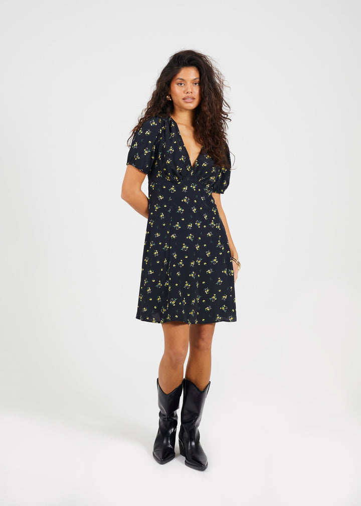 V-NECK SHORT SLEEVE MINI PRINTED DRESS