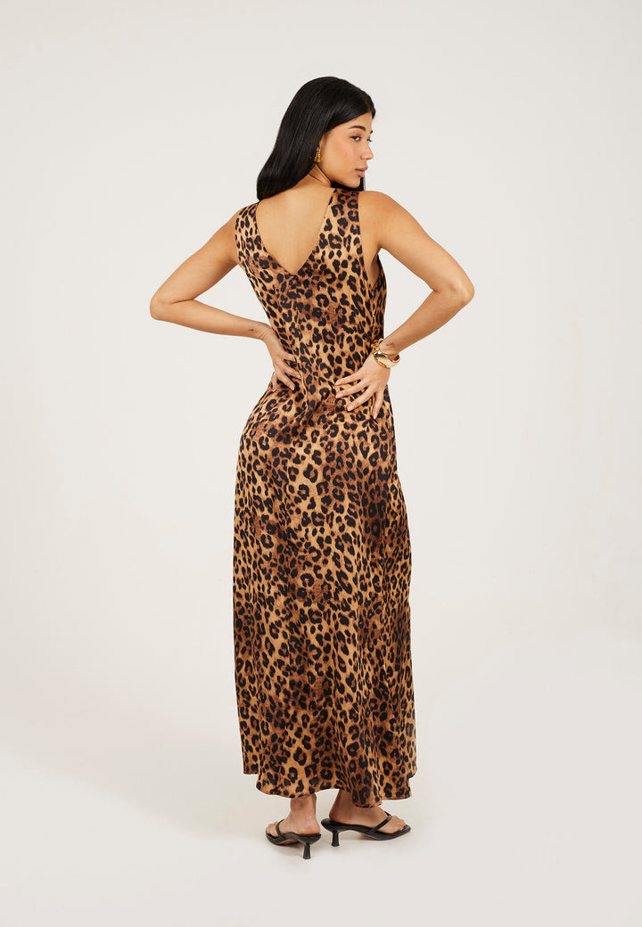 V NECK BIAS CUT  MAXI LEOPARD PRINT DRESS