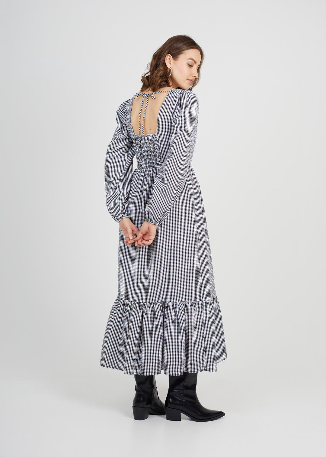 GINGHAM 3/4 PUFF SLEEVE TIERED DRESS