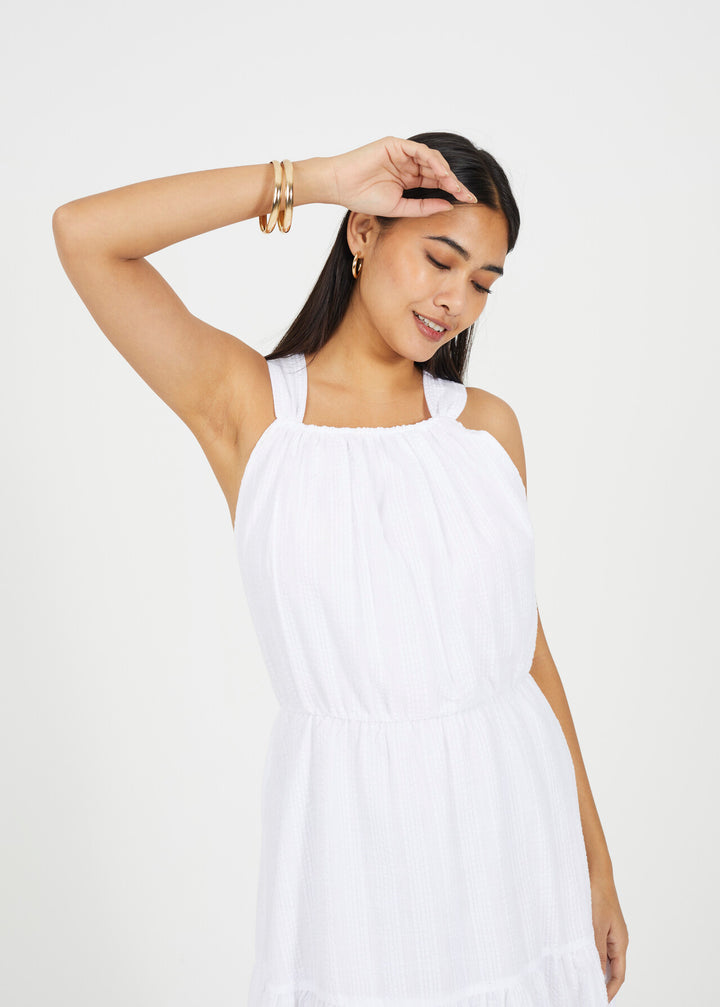 WHITE SLEEVELESS TIERED LONG DRESS