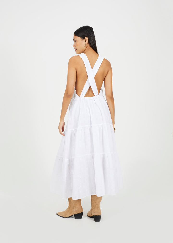 WHITE SLEEVELESS TIERED LONG DRESS