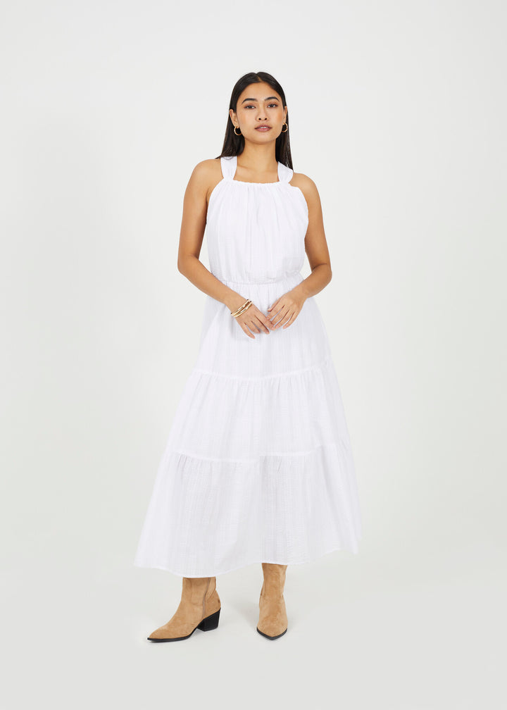 WHITE SLEEVELESS TIERED LONG DRESS