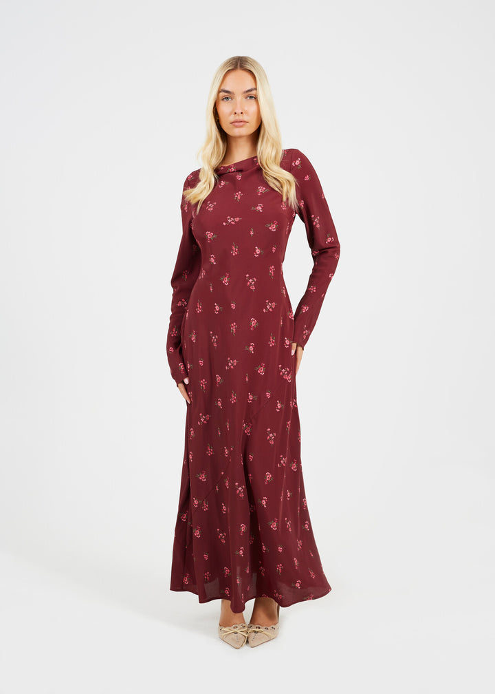 LONG SLEEVE BURGANDY FLORAL MAXI DRESS