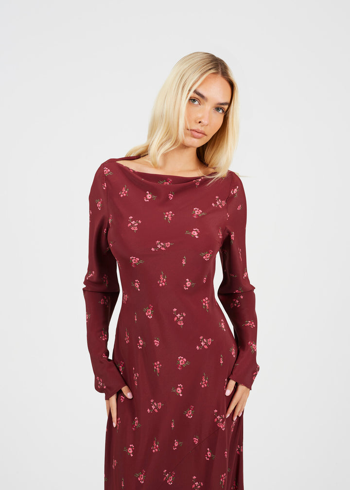 LONG SLEEVE BURGANDY FLORAL MAXI DRESS