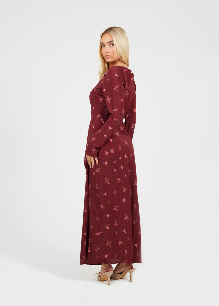LONG SLEEVE BURGANDY FLORAL MAXI DRESS