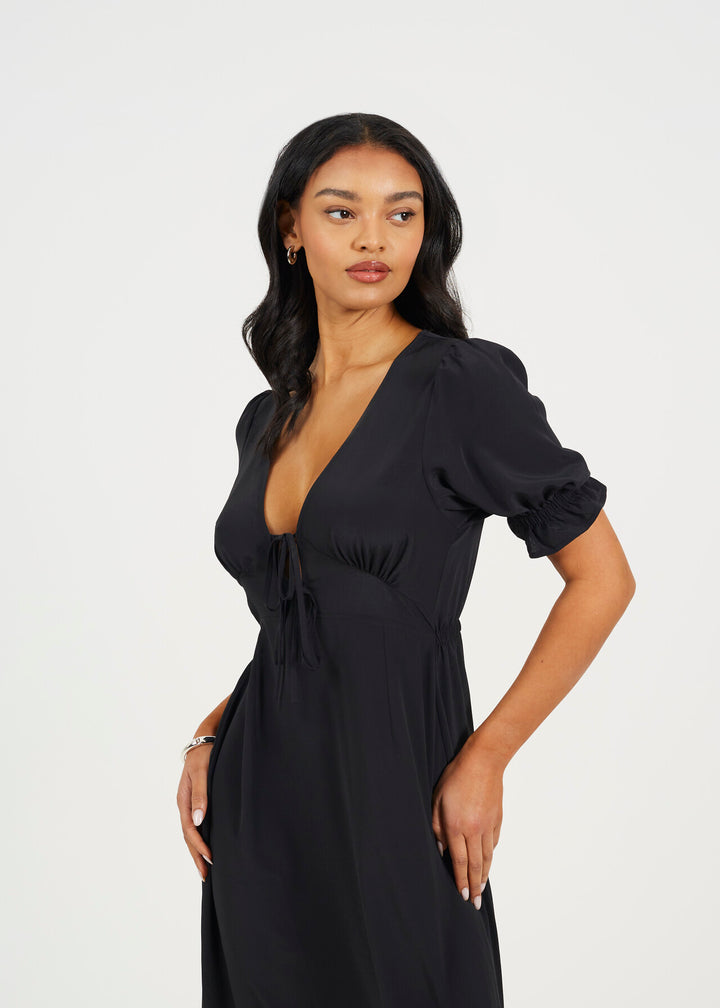 V-NECK SHORT SLEEVE MIDI  WITH TIE FRONT DETAIL
