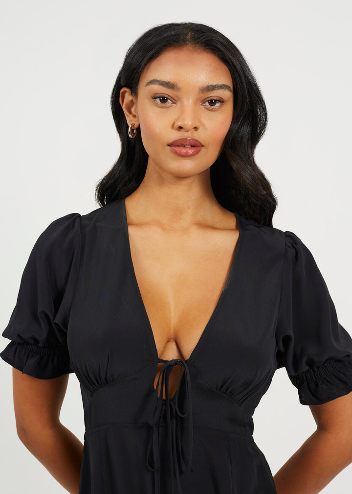 V-NECK SHORT SLEEVE MIDI  WITH TIE FRONT DETAIL