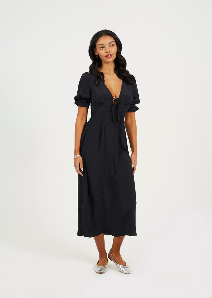 V-NECK SHORT SLEEVE MIDI  WITH TIE FRONT DETAIL