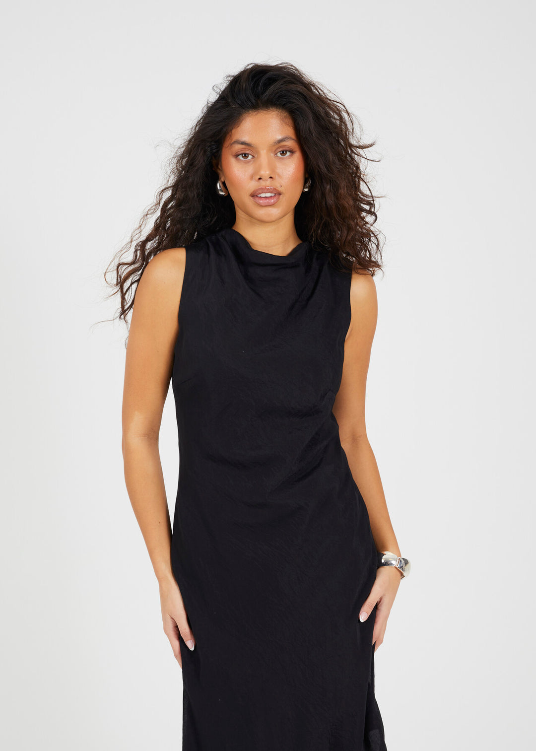 MIDI SLEEVELESS MESH OVERLAY ASYMMETRIC DRESS, BLACK