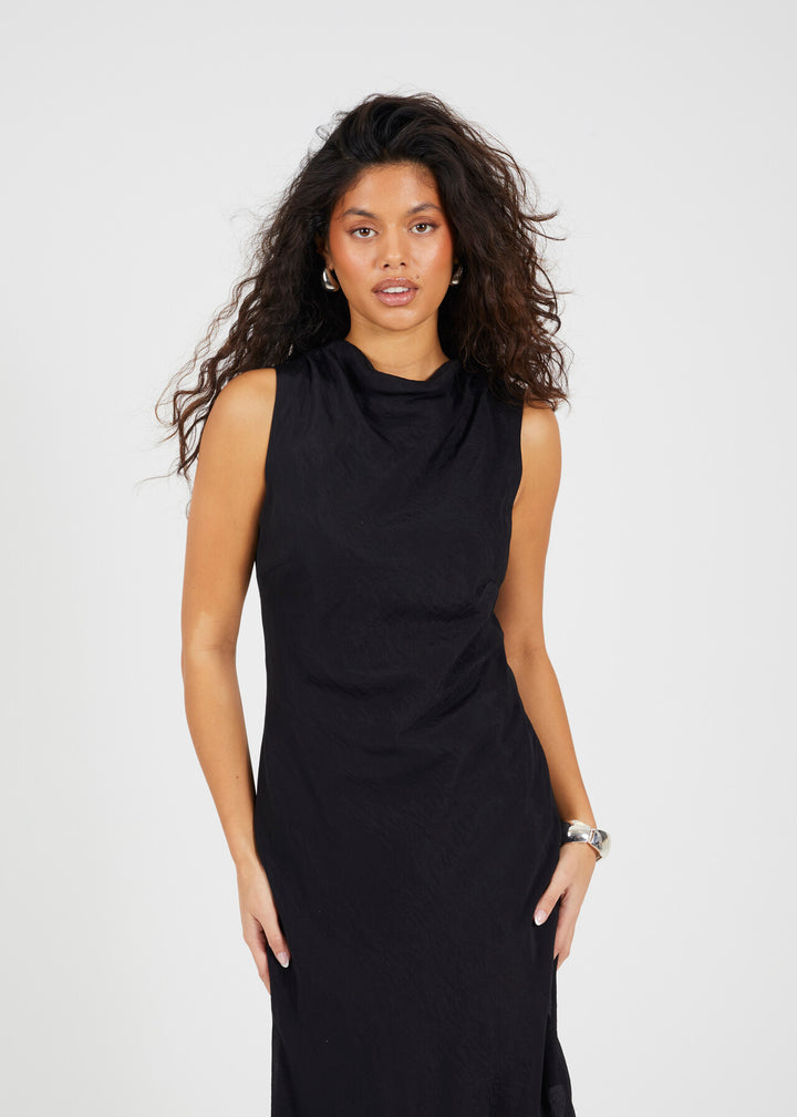 MIDI SLEEVELESS MESH OVERLAY ASYMMETRIC DRESS, BLACK