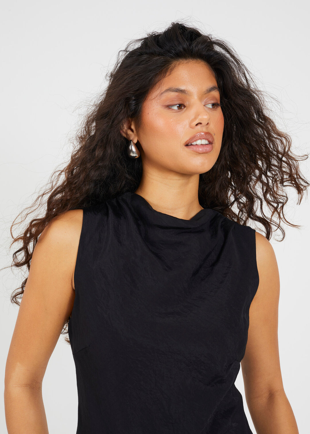 MIDI SLEEVELESS MESH OVERLAY ASYMMETRIC DRESS, BLACK