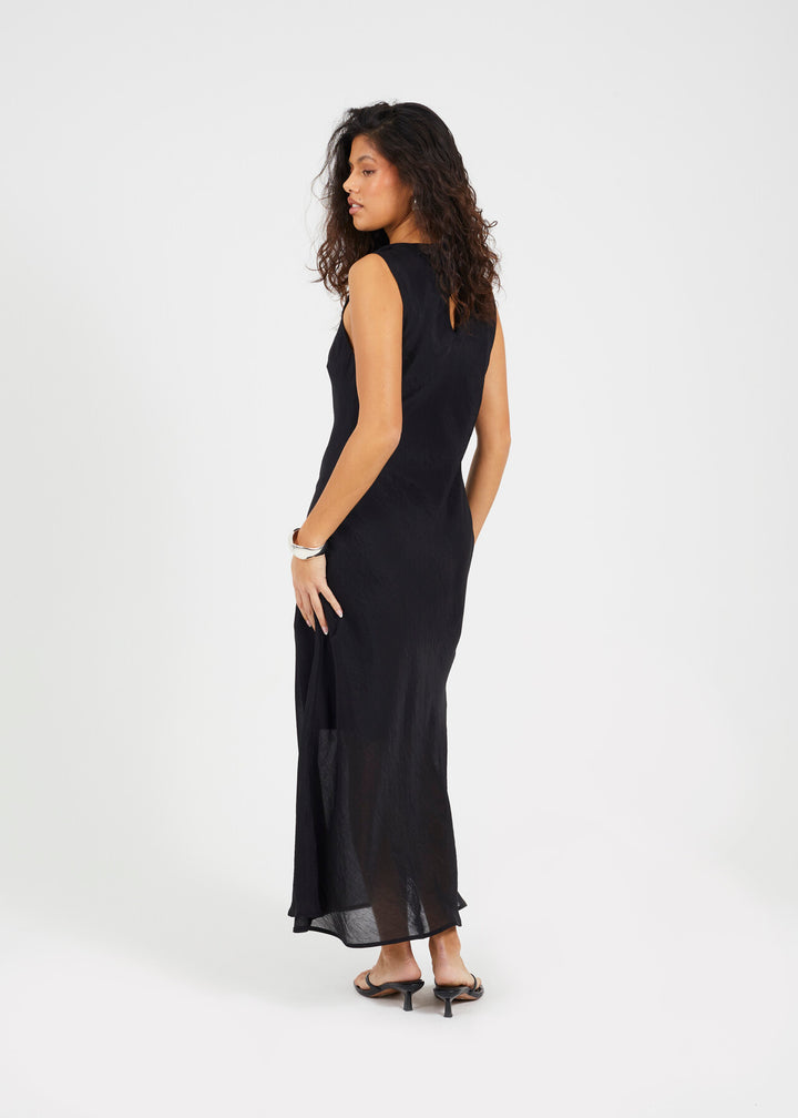 MIDI SLEEVELESS MESH OVERLAY ASYMMETRIC DRESS, BLACK