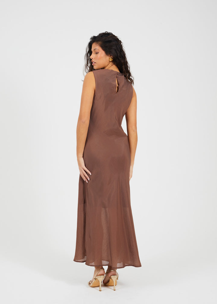 MIDI SLEEVELESS MESH OVERLAY ASYMMETRIC DRESS, BROWN