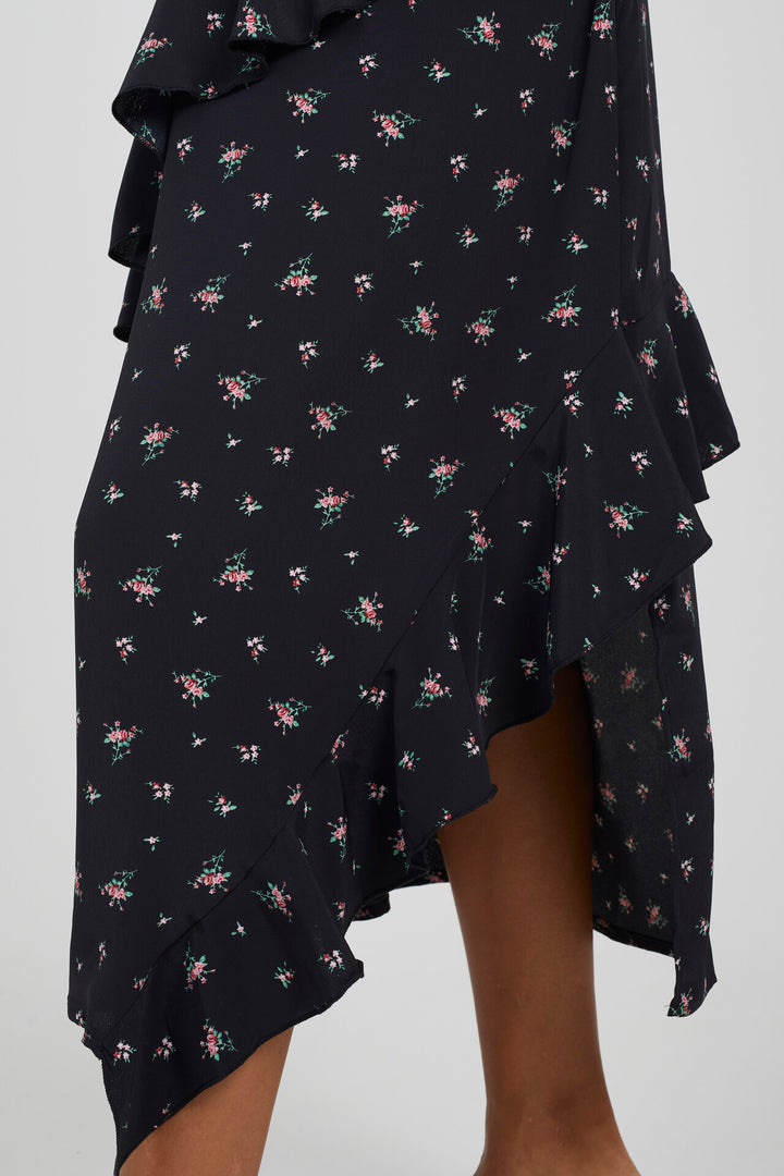 ASYMETRIC RUDDLE DETAIL DRESS WITH FLORAL PRINT