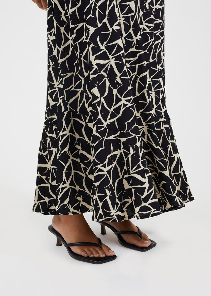SCOOP NECK MAXI BIAS CUT ABSTRACT FLORAL PRINT DRESS, BLACK/WHITE
