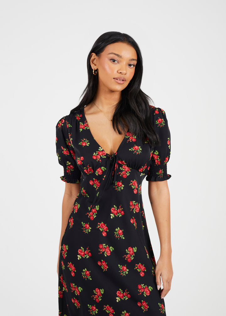 RED FLORAL PRINT MIDI DRESS