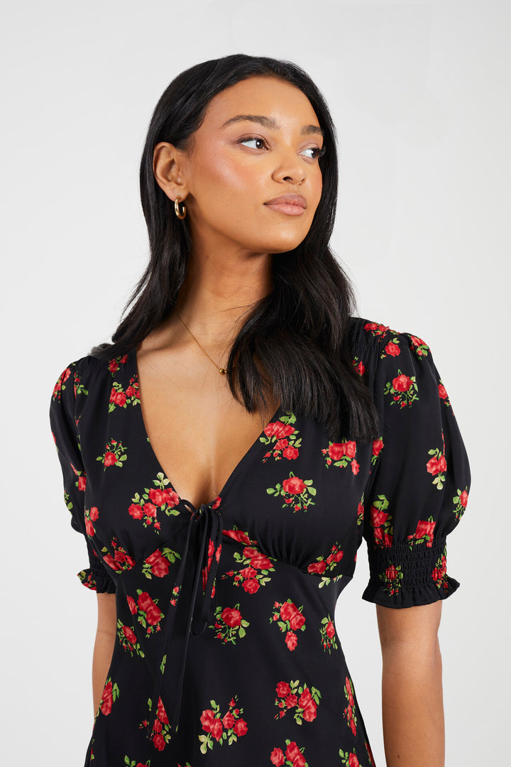 RED FLORAL PRINT MIDI DRESS