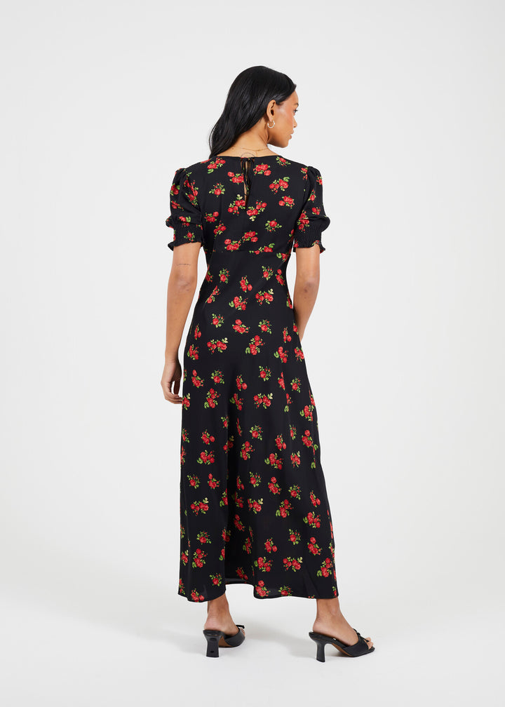 RED FLORAL PRINT MIDI DRESS