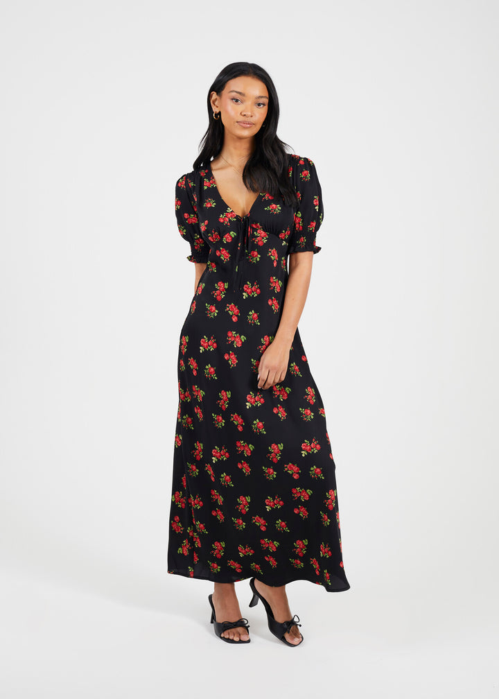 RED FLORAL PRINT MIDI DRESS