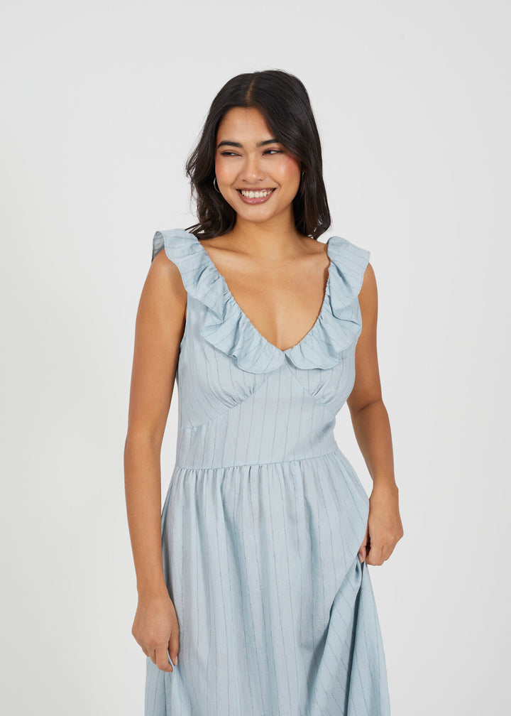 V NECK FRILL SLEEVELESS STRIPE MIDI DRESS