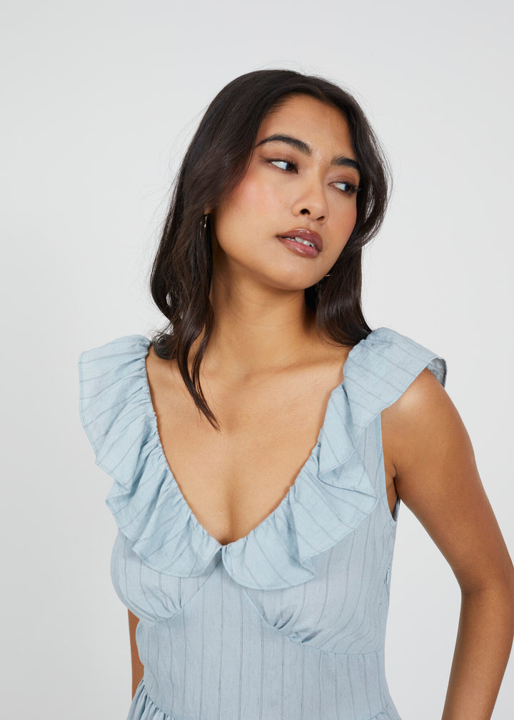 V NECK FRILL SLEEVELESS STRIPE MIDI DRESS