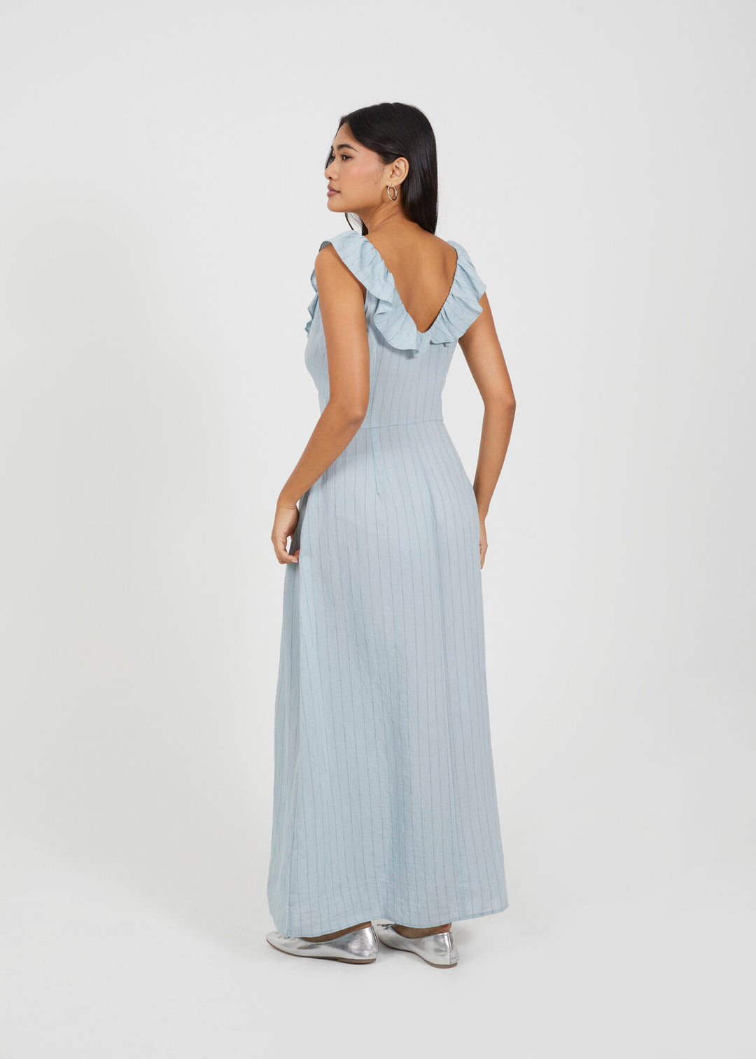 V NECK FRILL SLEEVELESS STRIPE MIDI DRESS