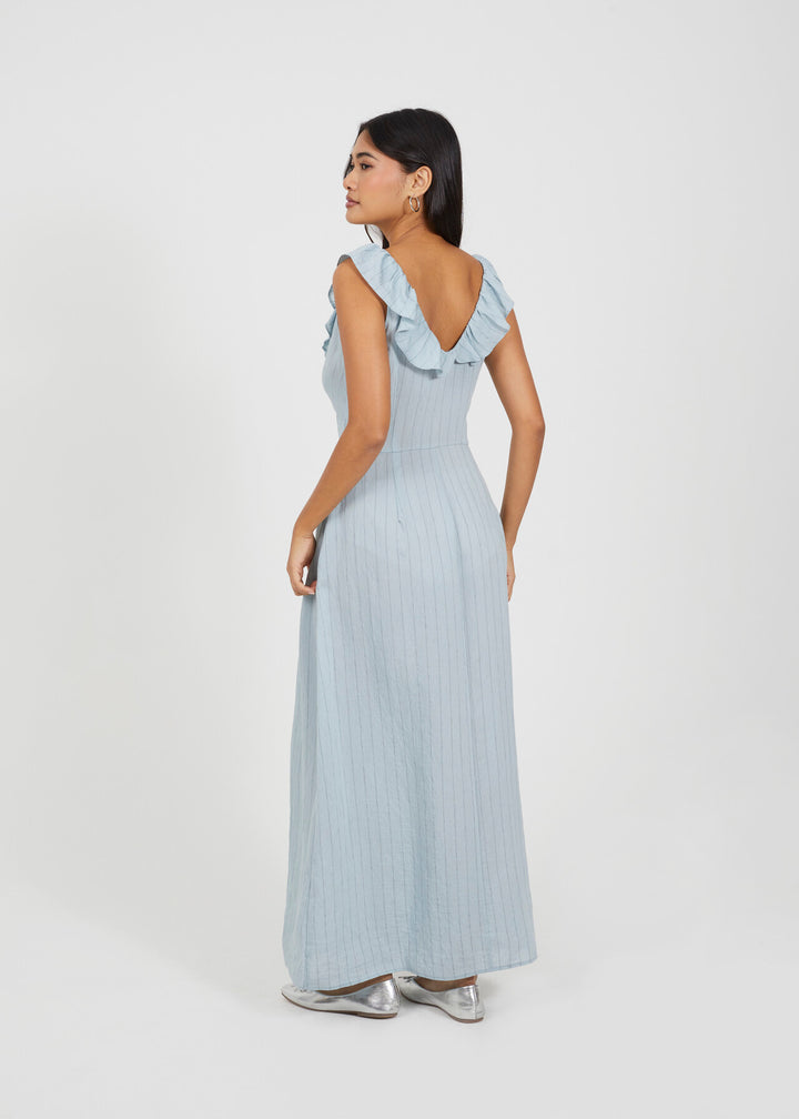 V NECK FRILL SLEEVELESS STRIPE MIDI DRESS