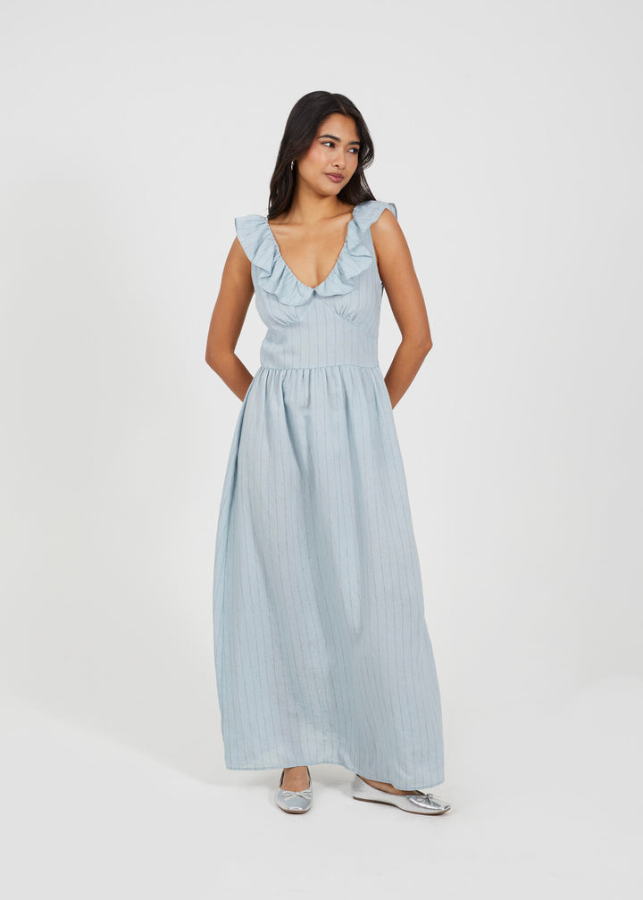 V NECK FRILL SLEEVELESS STRIPE MIDI DRESS