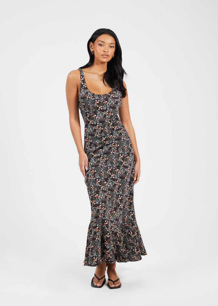SCOOP NECK MAXI  FLORAL PRINT DRESS