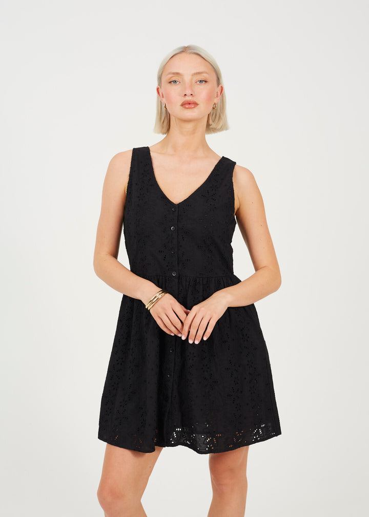 BROIDERIE MINI DRESS, BLACK