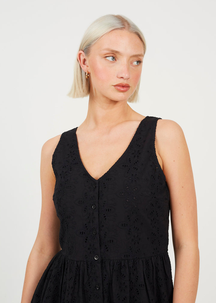 BROIDERIE MINI DRESS, BLACK